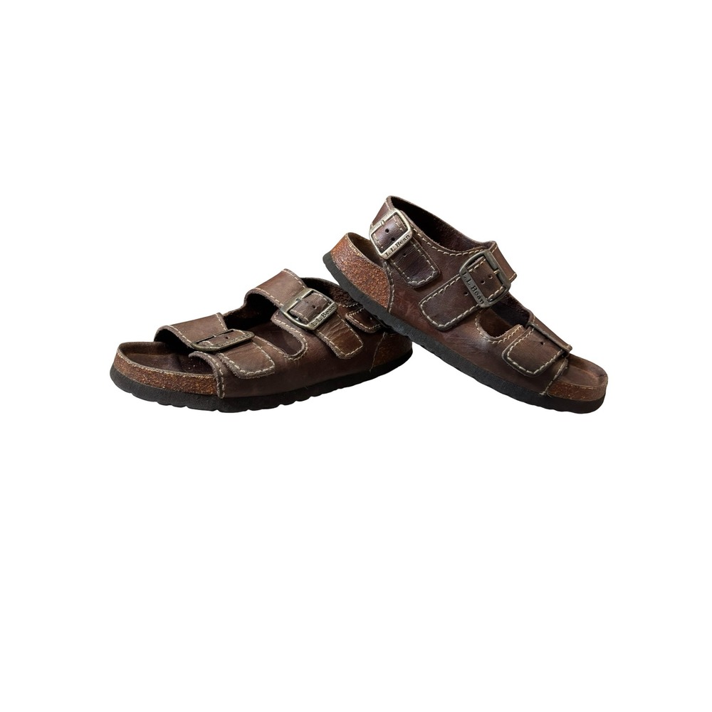 LL Bean Brown Leather Slingback Sandals Size 7 Double Strap Cork Footbed